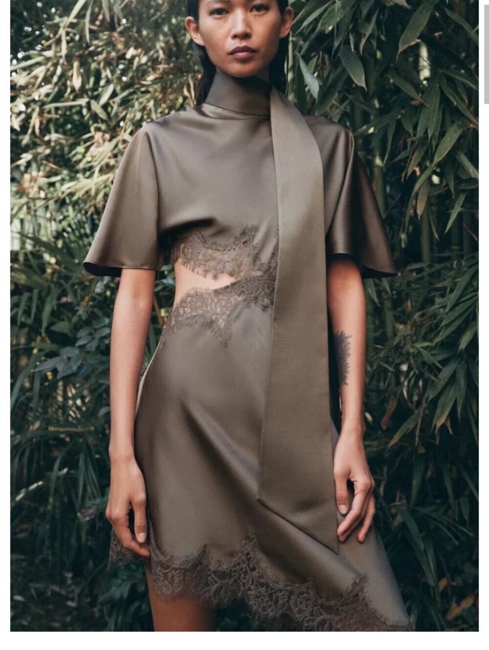 Zara Olive Green Asymmetrical Satin Dress with Lace Trim - Picture 5 of 11